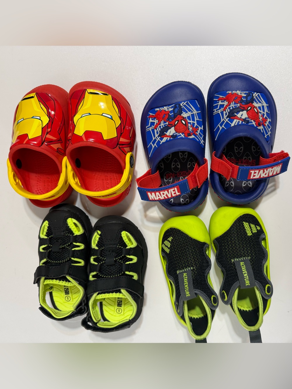 Toddler Boys Shoe Lot 4 Pairs - Crocs Iron Man Light Up, Adidas & Marvel Sandals